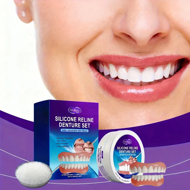 new1 Set Silicone False Teeth, Upper Lower Veneers, Temporary Orthodontic Denture Kit, Oral Hygiene Care CK848