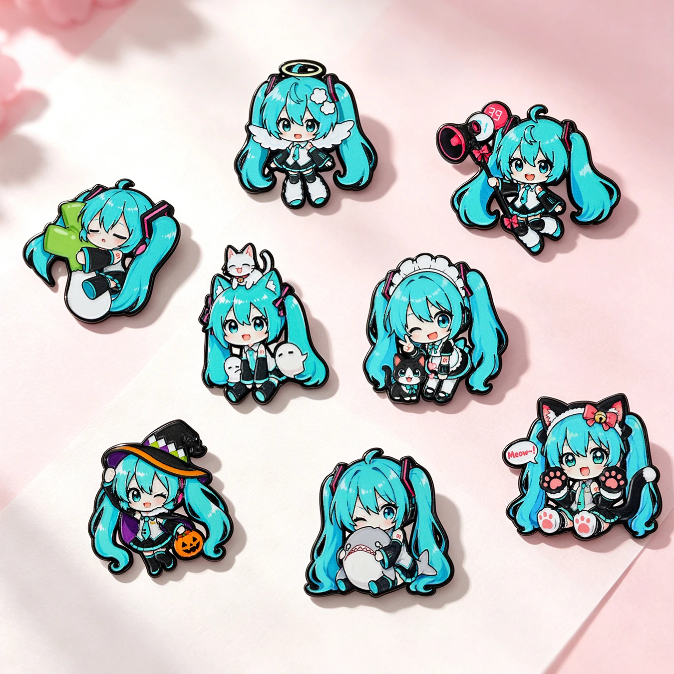 8Pcs Chibi Blue Hair Anime Girl Enamel Pins Set, Cartoon Character Lapel Badges, Decor Brooches for Backpack Clothing Gift