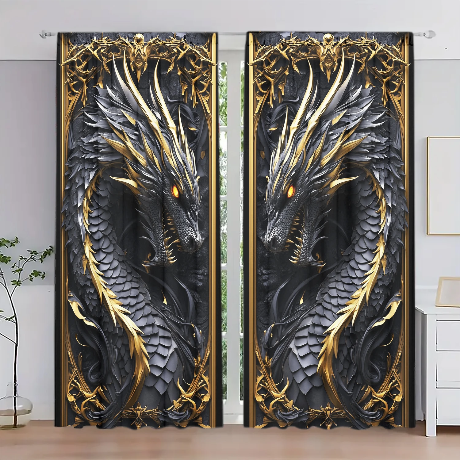 

2pcs 3D Black Dragon Printed Curtain for Home Decor - Rod Pocket Window Treatment for Bedroom, Office, Kitchen, Living Room