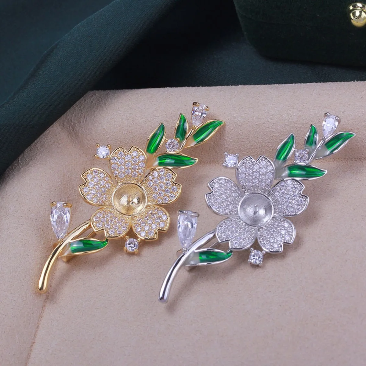 DIY Brooch Blank Brass Gold Plated Enamel Leaf Flower Branch, Micro Pave Zircon Pin Base, Pearl Brooch Setting for Women Corsage