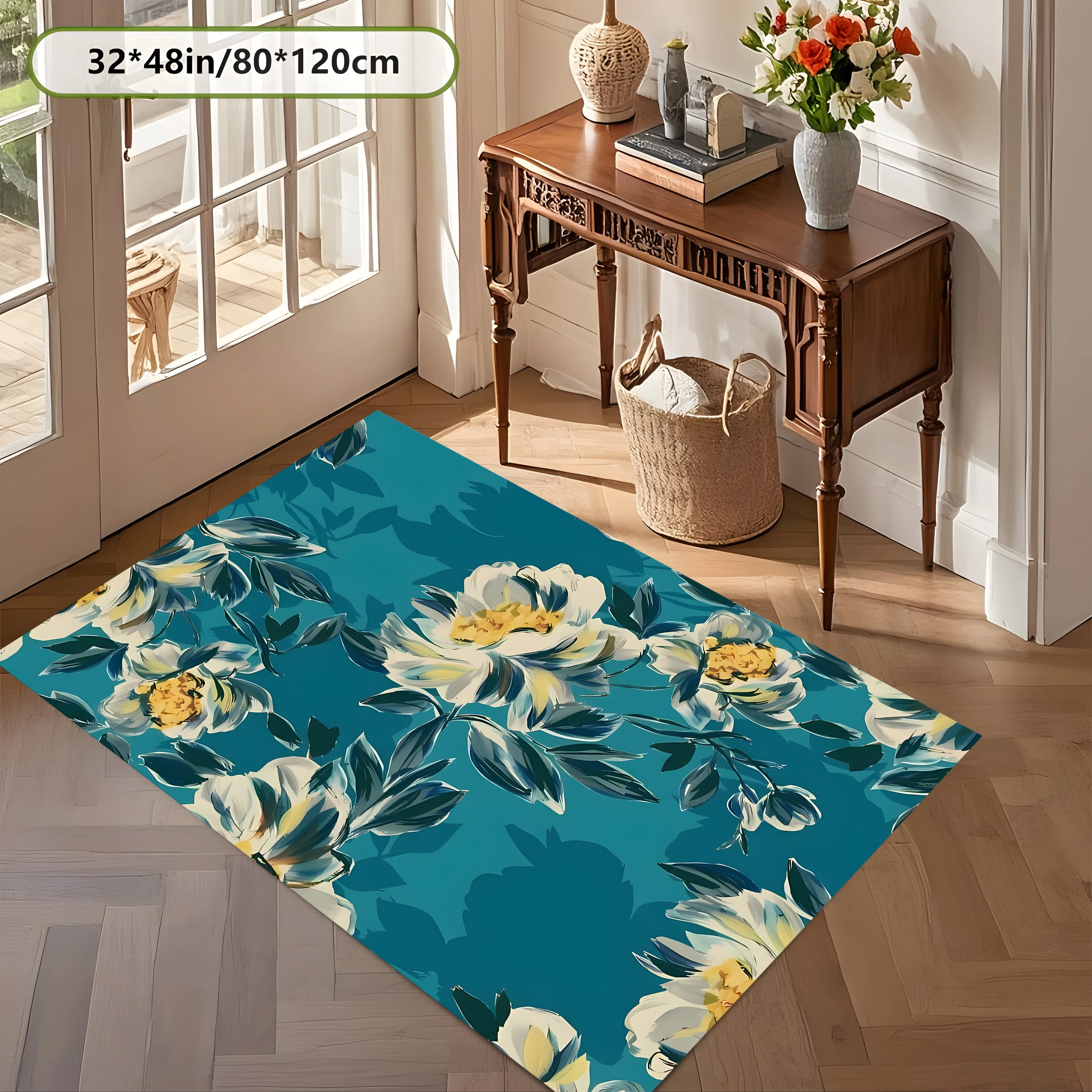 2D Carpet with Lake Blue Oil Painting White Peony Pattern in Retro Light Luxury Style for Living Room, Bedroom, Coffee Table Area
