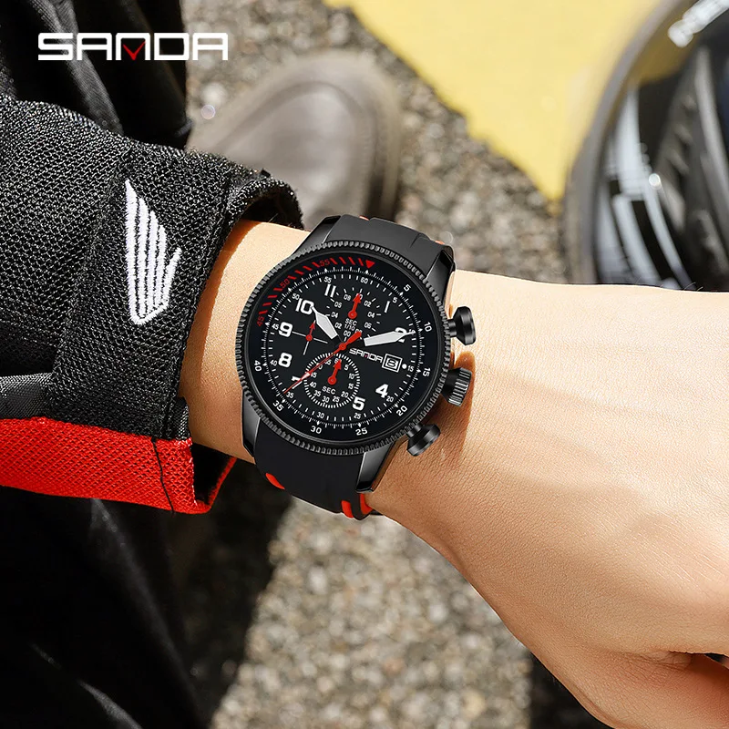 Sanda-Reloj de pulsera para hombre, accesorio de pulsera resistente al agua con múltiples funciones, 4 esferas, correa de silicona suave, movimiento de cuarzo japonés, 5507