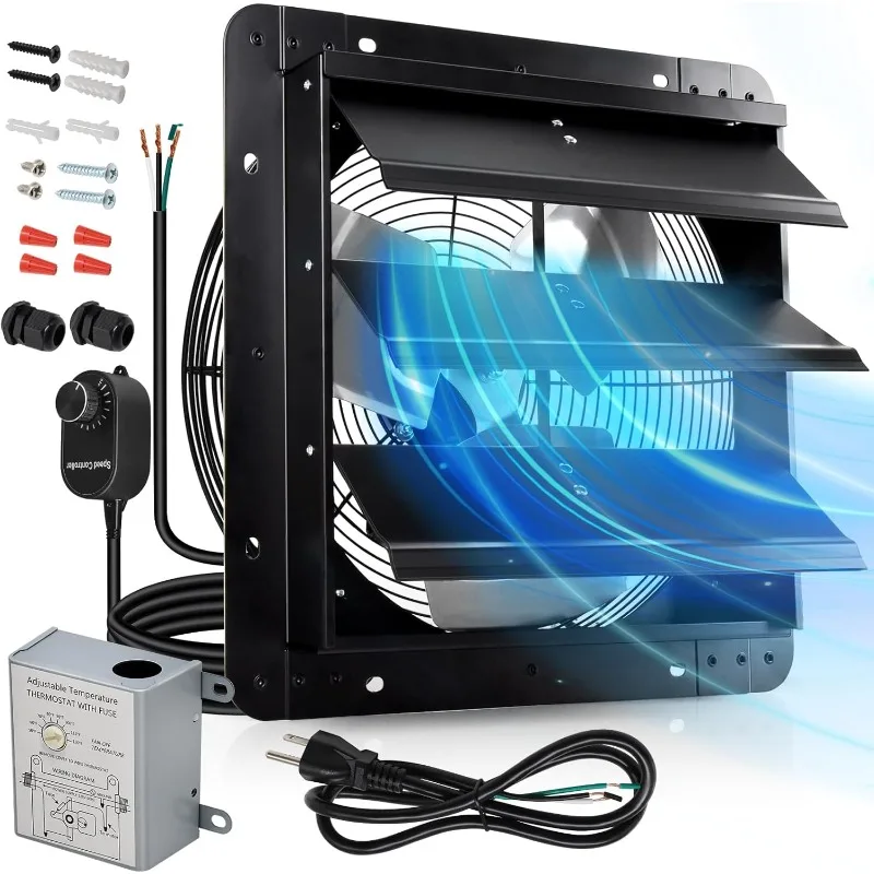 

12" Wall Mounted Shutter Exhaust Fan with Speed Controller and Power Cord Kit, Adjustable Temperature Thermostat with F