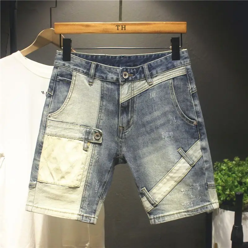 

Korean Luxury Clothing Cotton Street Denim Shorts Men's 2025 New Summer High-end Brand Splicing Casual Men's Short Trousers