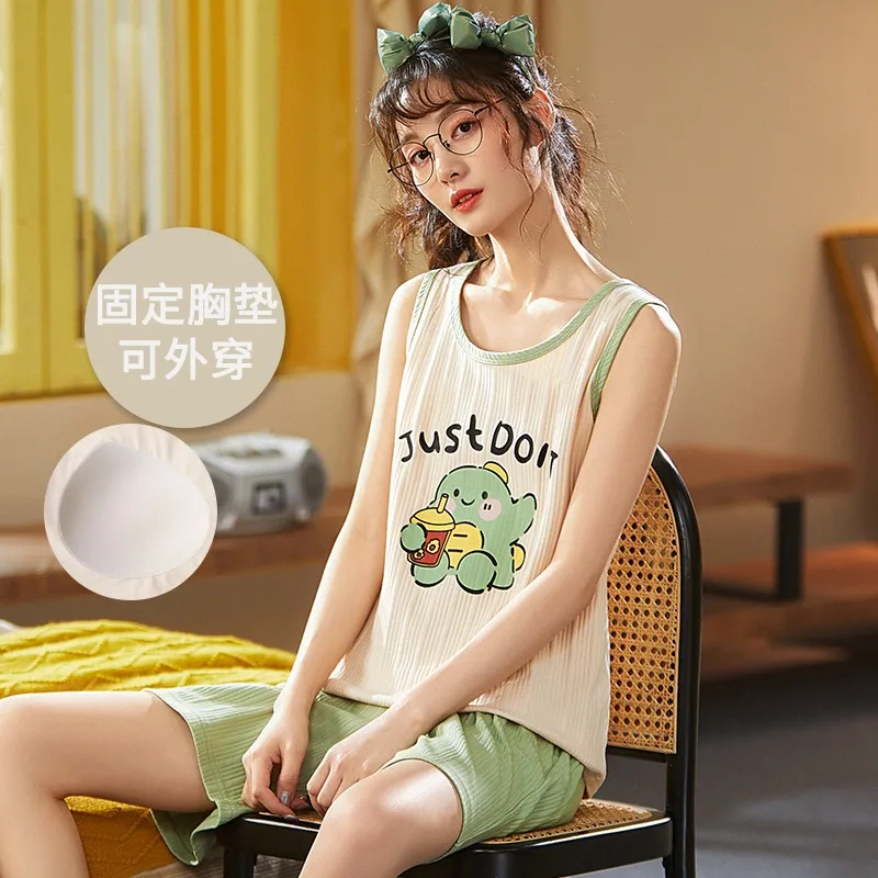 

Dinosaur Cartoon Cute Pajamas Set With Bra Pad for Women Summer Cotton Homewear Young Girl Female Casual Loungewear Dropship