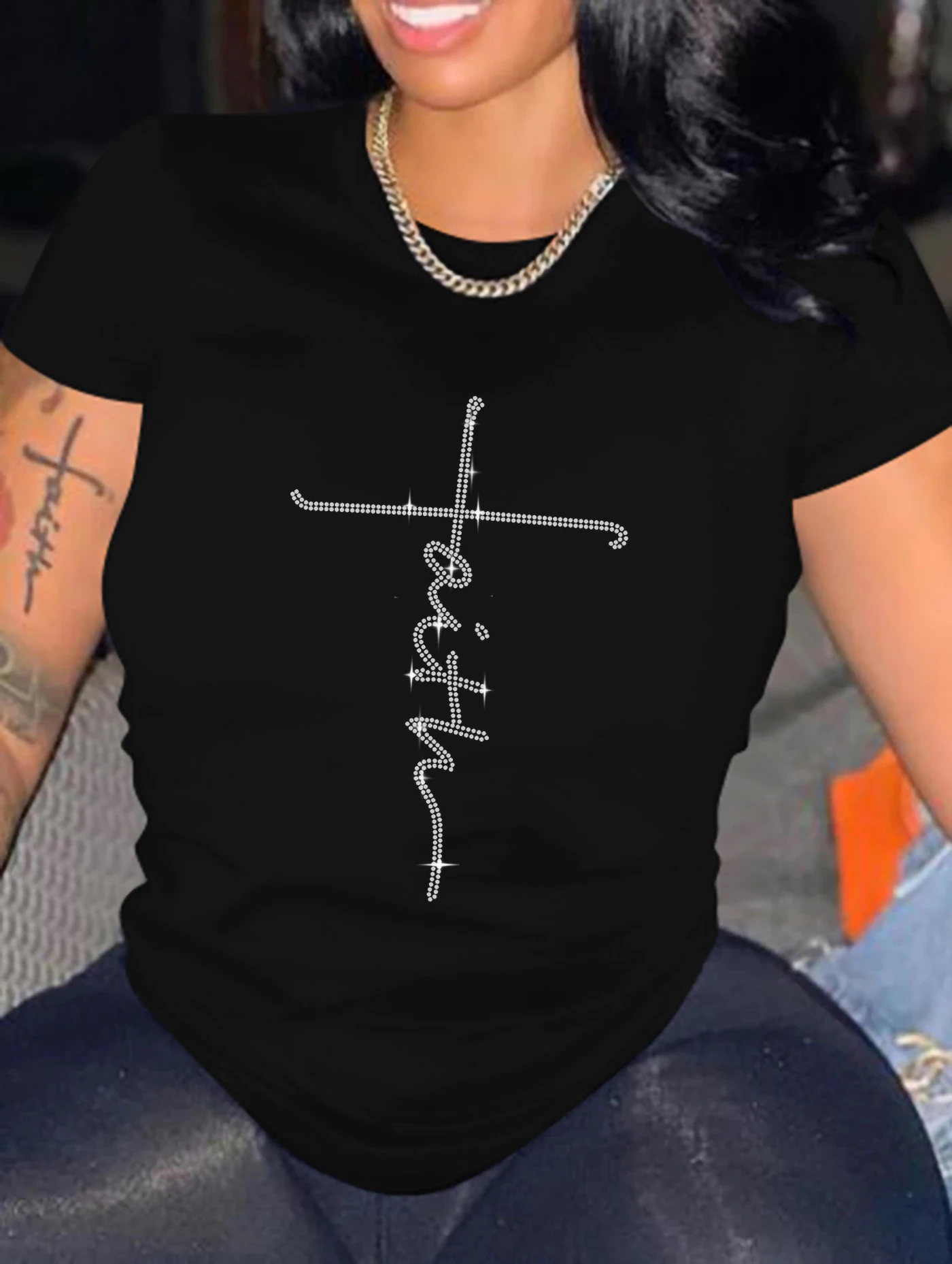 

Faith Letter Rhinestone Crew Neck Tee Shirt Women's Short Sleeve Tops