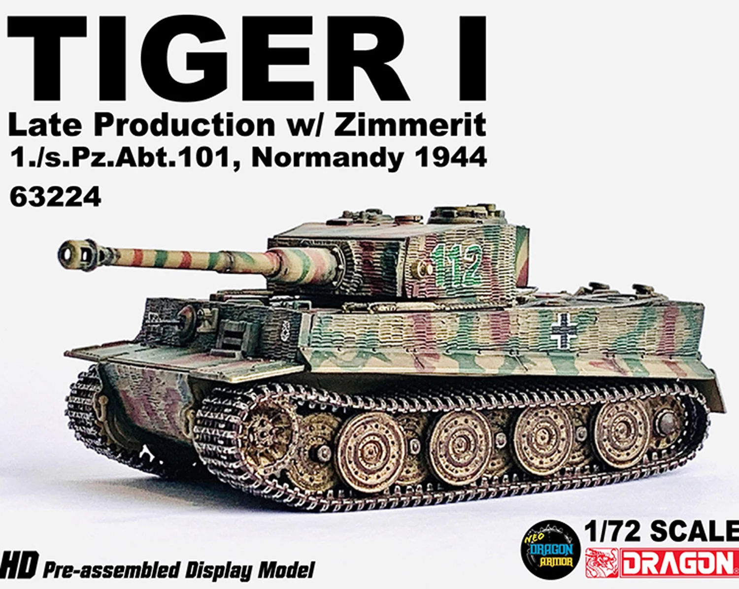 Colección de modelos militares Veyron 63224 Tiger Tank Late Magnetic Armor 101st, Batta blindada pesada 1/72lion Normandía 1944