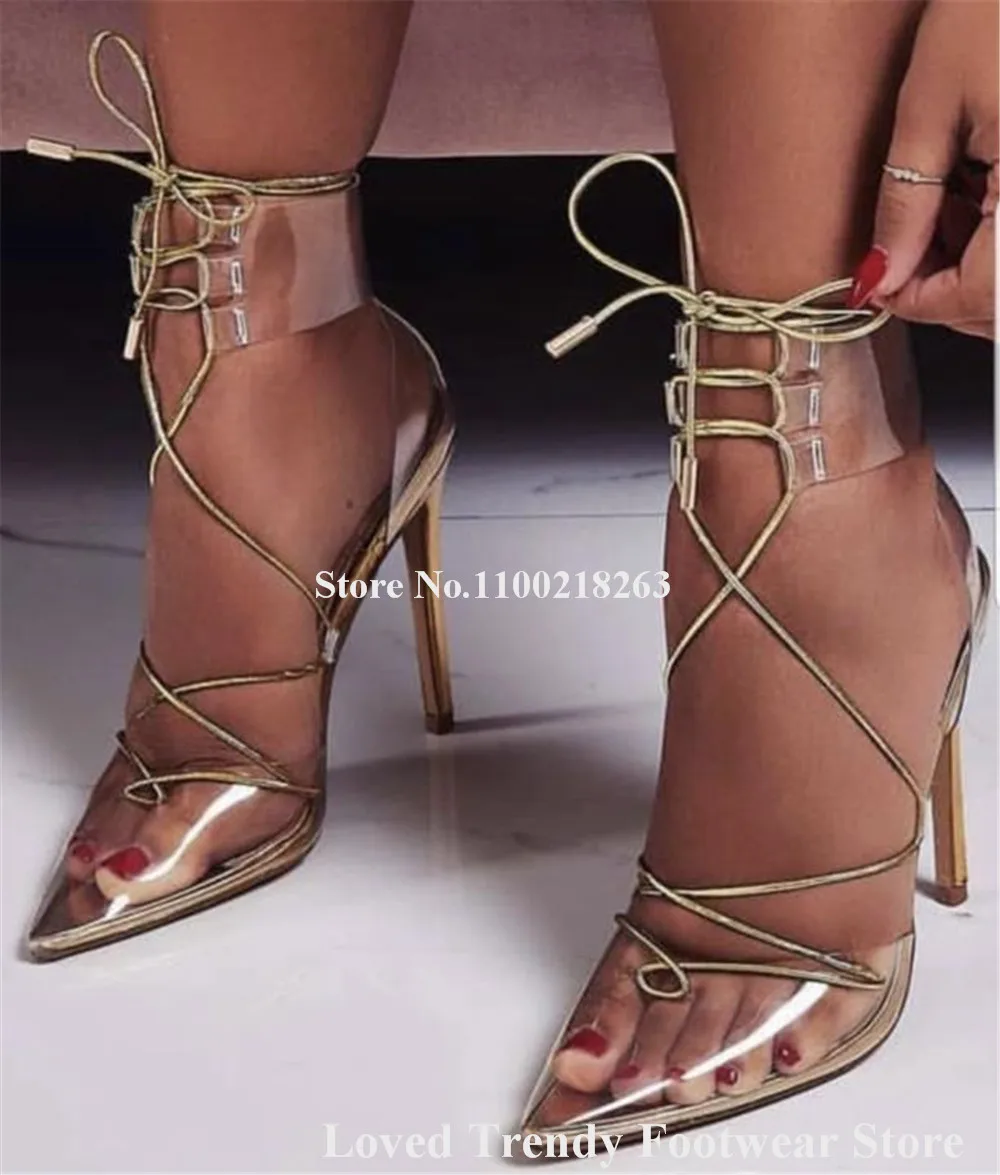 Sexy Clear PVC Patchwork Stiletto Heel Pumps Pointed Toe Transparent Lace-up Ankle Wrap Thin Heel Wedding Shoes Big Size