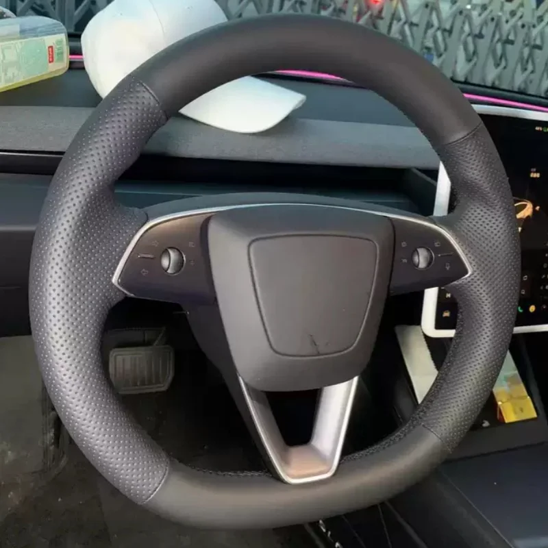 

Braid Car Steering Wheel Cover Wrap Hand Sewing Comfy Breathable Genuine Leather For Tesla modelo 3 Highland 2024 Car Accessory