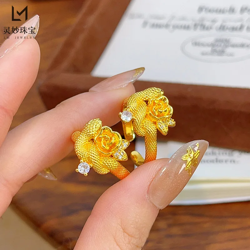 

9999 24K Real Gold Luxury Jewelry Rose Spirit Snake Ring Year of Snake Year of Nation Retro Design Gift for Girlfriend