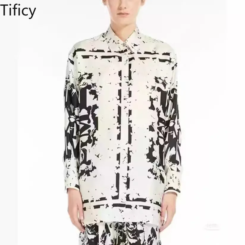 

TIFICY Women's New Contrasting Color Positioning Printed Silk Twill Fabric Medium Length Letter Printed Loose Fitting Shirt Tops