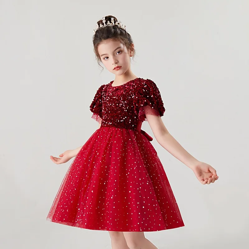 2023 Girls Autumn Long Sleeve Sequin Mesh Ball Gown Dress Stage Performance Princess Dress Kids Sweet Host Dresses 3-14Years