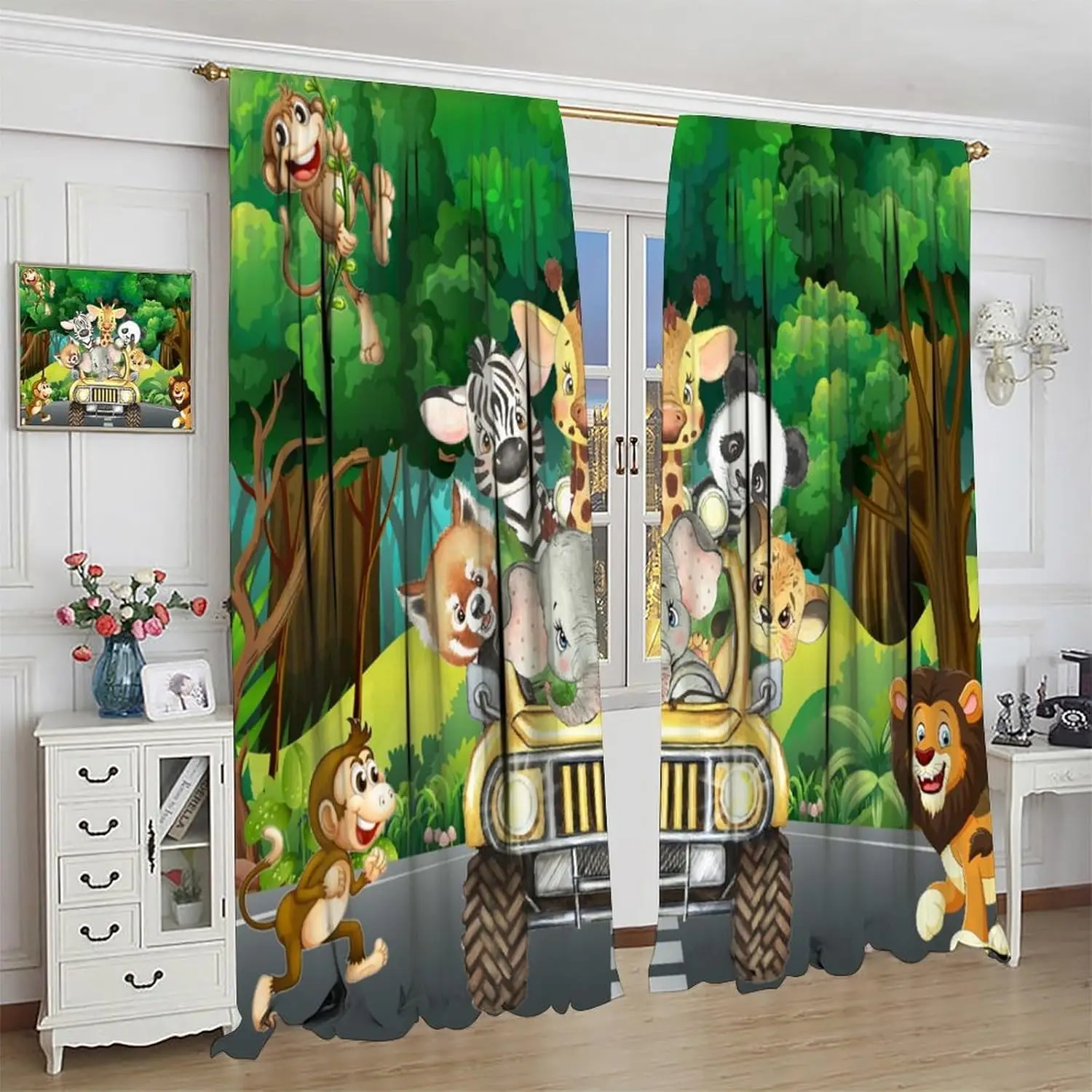 Kids Safari Animals Curtains, Tropical Jungle Safari Adventure African Animals Lion Elephant Monkey Print Window Drapes for Baby