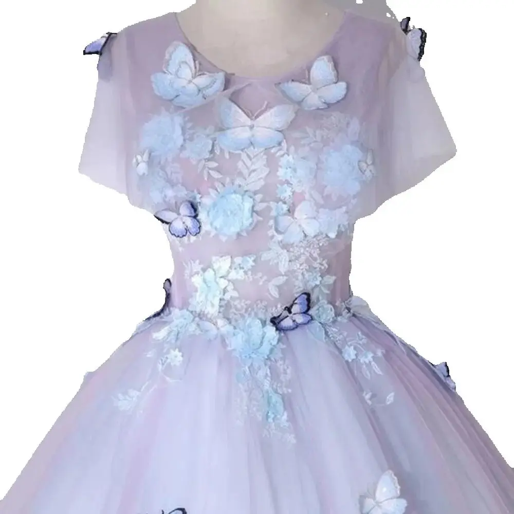 Pretty Purple Evening Dresses Floor Length Short Sleeves Butterflies Fairy Sweet Princess High Quality Women Banquet Prom Gowns