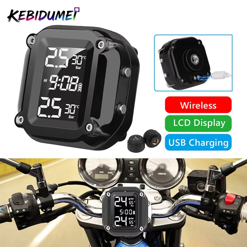 

KEBIDUMEI Wireless Motorcycle TPMS Tire Pressure Monitoring Tyre Temperature Alarm System with 2 External Sensors Time Display