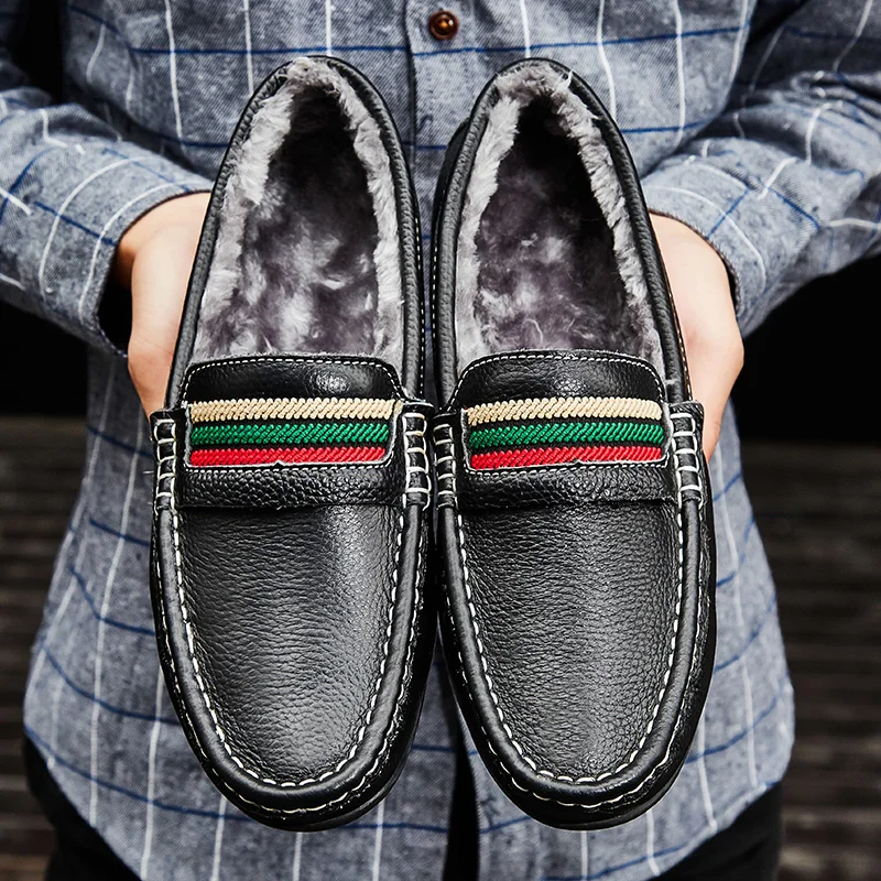 Large Size Winter Fur Loafers Shoes For Men Leather Man Casual Moccasins Mens Driving Shoes Slip On Flats