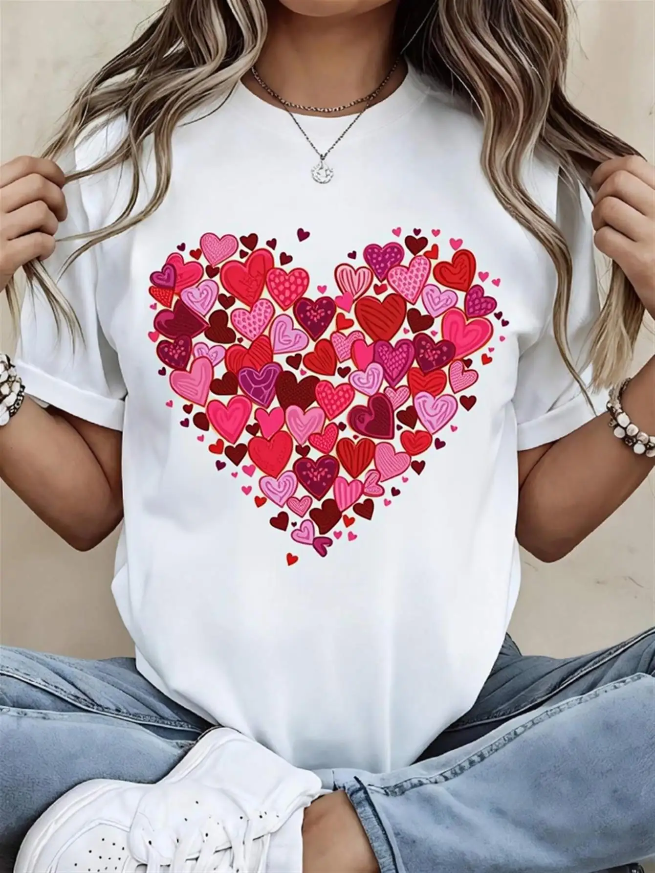 

Valentine's Day Women's Short Sleeve T-shirt Heart Collage Graphic Print Crew Neck Casual Daily Top For Summer & Spring