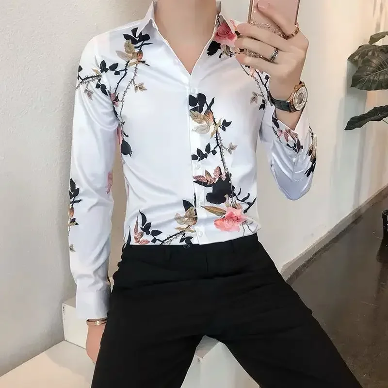 

Men's Shirt Printed Colourful with Print Floral Male Shirts Korean Style Collar Social Sleeves Popular Clothes Elegant JJ1433