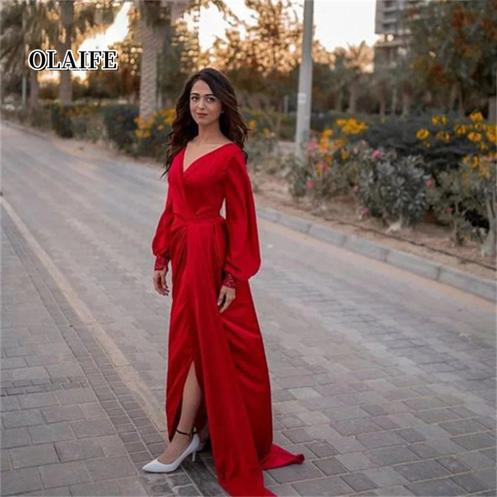 

A Line Stain Long Prom Dress V-Neck Beading Red Evening Gowns High Split Women Party Dress Custom Size robe soiree