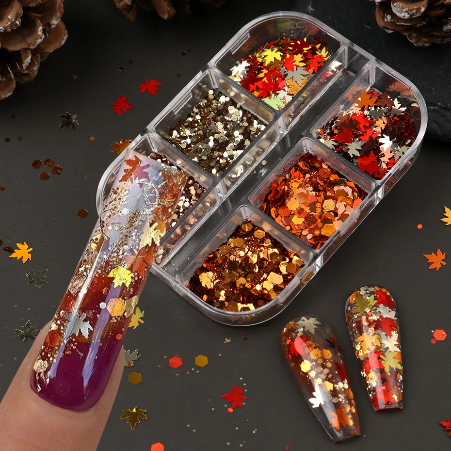 6 Girds Autumn Maple Leaves Nail Art Sequins Holographic Vintage Champagne Color Hexagon Nail Flakes Deep Fall DIY Nail Decor