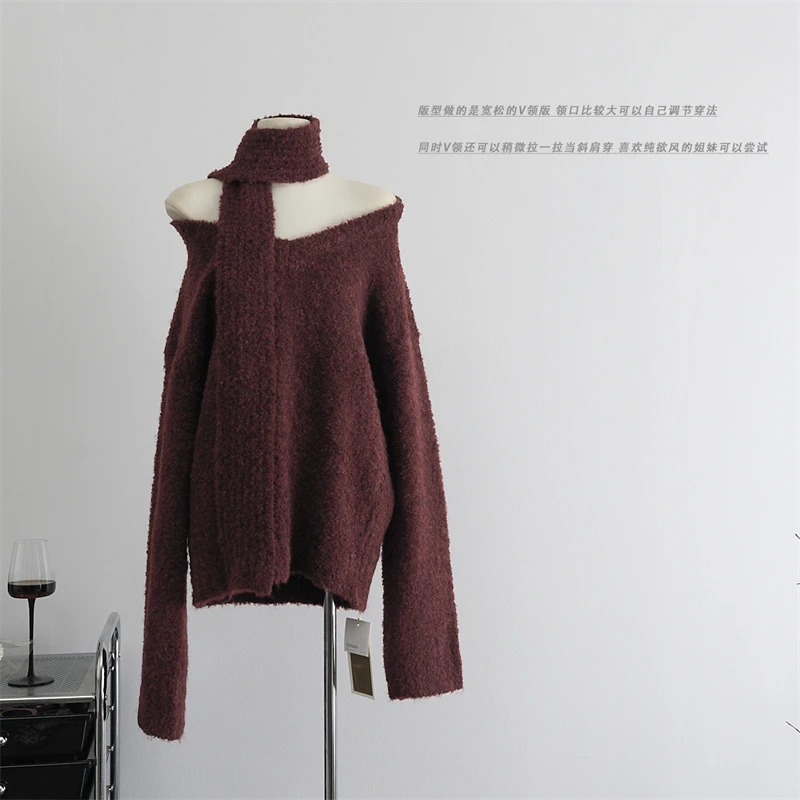 Women Wine Red Pullover Cashmere Sweater Aesthetic Y2k Elegant Vintage Long Sleeves V-Neck Knitted Jumper Sweater 2000s Clothes