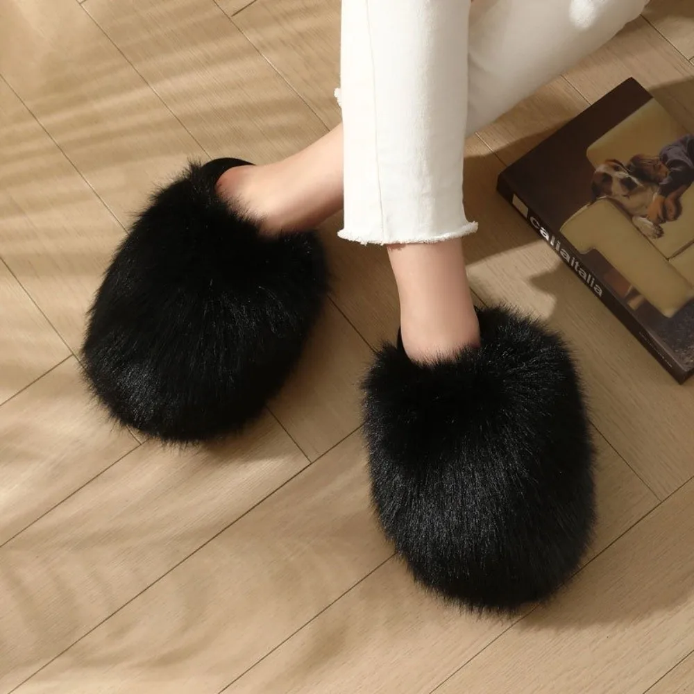 1 Pair Fluffy Faux Fur Women Fluffy Fur Slippers with TPR Non-slip Sole Non-slip Indoor Warm Slippers Winter House Slippers