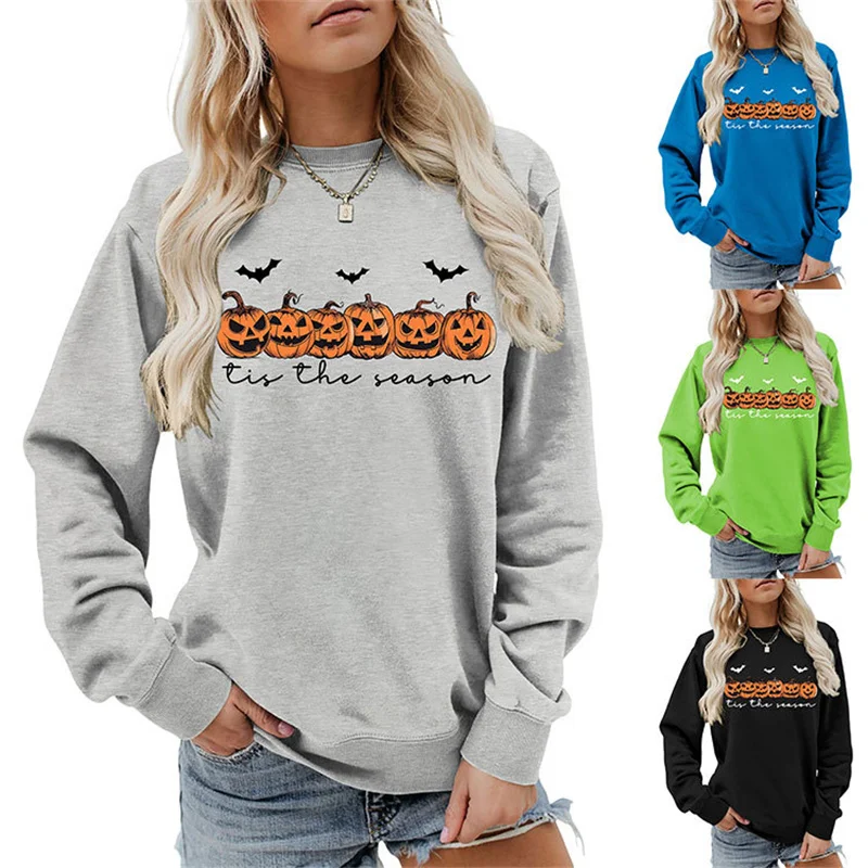 Fashion new cotton women's tis the seas on pumpkin Halloween pattern alphabet print vintage round neck long sleeve hoodie