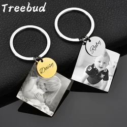 Treebud Engraved Photo Name Keychains For Baby Family Stainless Steel Laser Engrave Logol Date Keyrings Birthday Party Jewelry