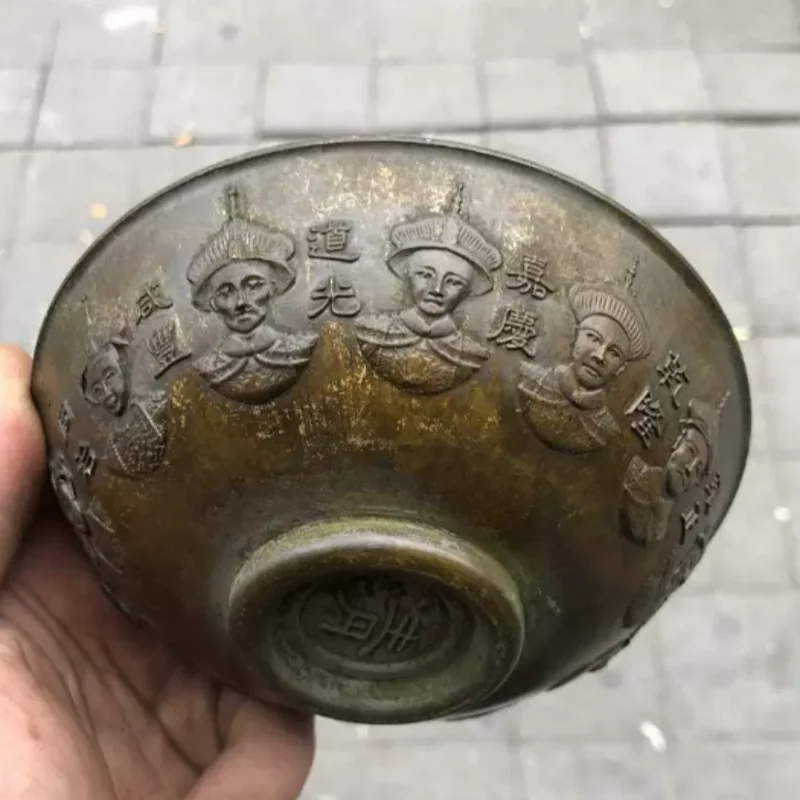 China Antique copper collection Qing Twelve Emperors statue relief decorative bowls folk art crafts ornaments