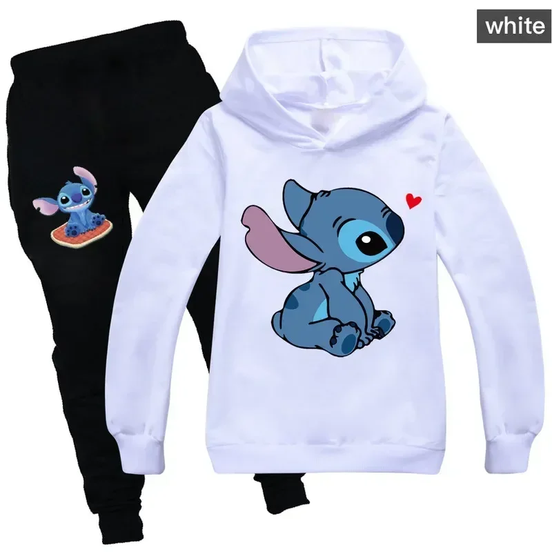 2024 New Stitch Disney Children's Clothing Print Pattern Boys And Girls Hoodie Long Sleeved Pullover Casual Trousers 2-piece Set