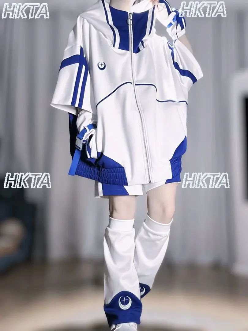 

Sweet Cool Two Dimensional Yuan Short Sleeve Loose Hooded Blue White Jacket Hoodies Shorts Sleeve Leg Cover COS Y2k Suit Women
