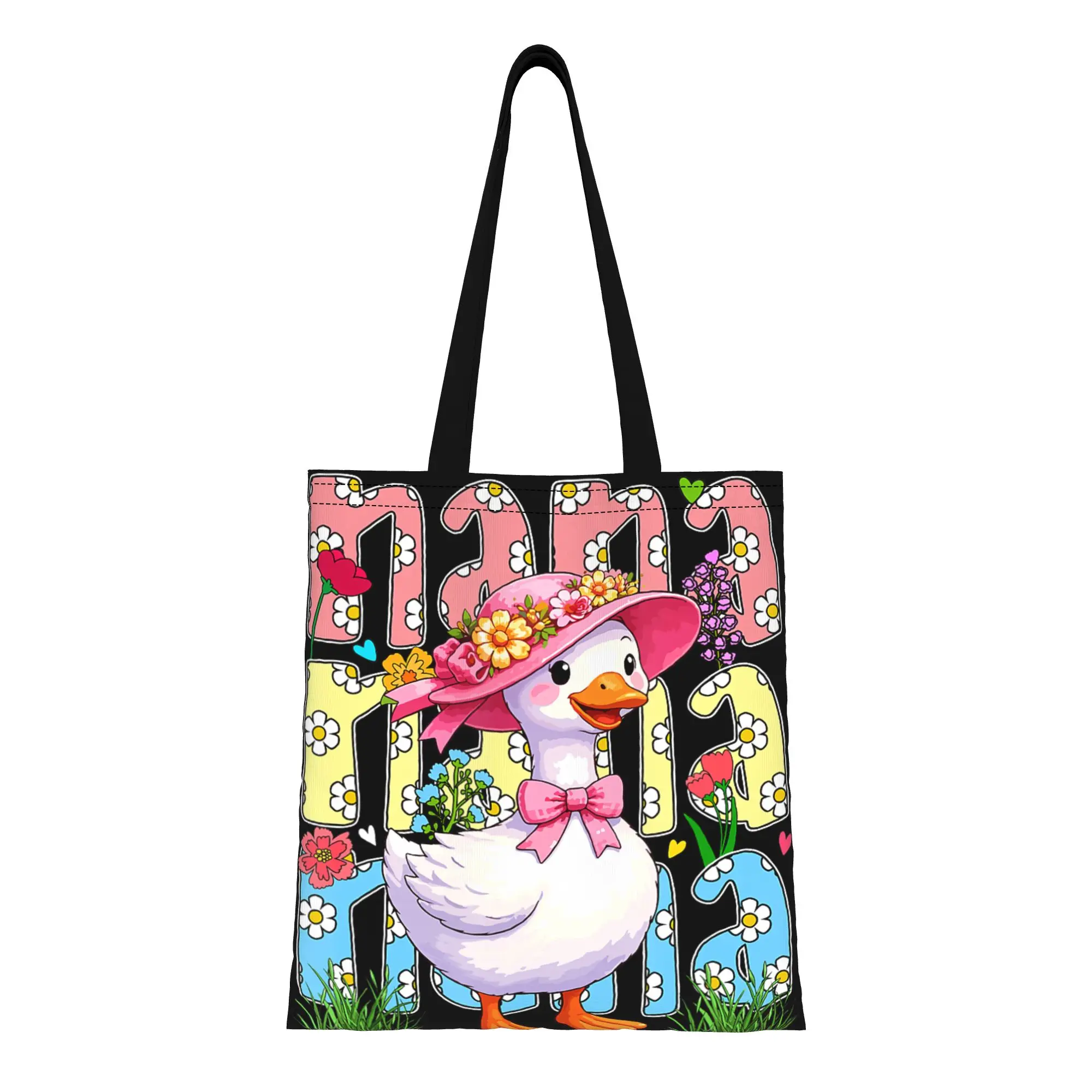 1PC Large Capacity Colorful Floral Goose  Mother's Day Gift Canvas Tote Bag Foldable Chic Pattern No Closed Design