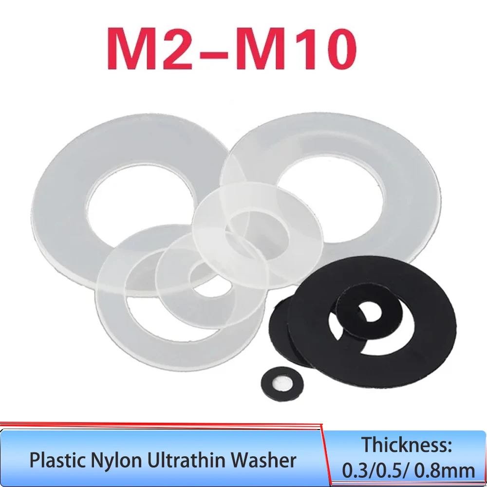 

0.3/ 0.5/ 0.8mm Black/ White Plastic Nylon Ultrathin Washer Flat Ring Seal Washer Gasket M2 M2.5 M3 M4 M5 M6 M8 M10