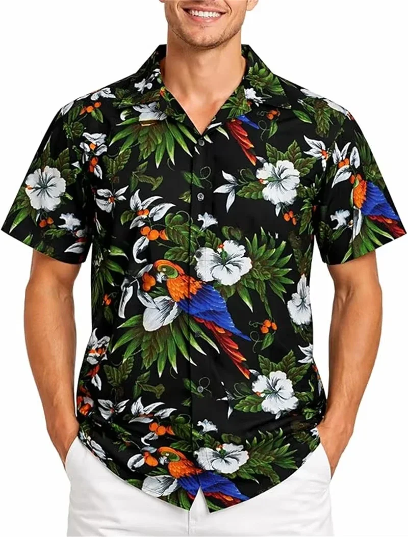 Birds Flamingo Parrot Hawaiian Shirts For Men 3D Printed Vacation Beach Shirt Trendy Short Sleeve Lapel Blouse Streetwear