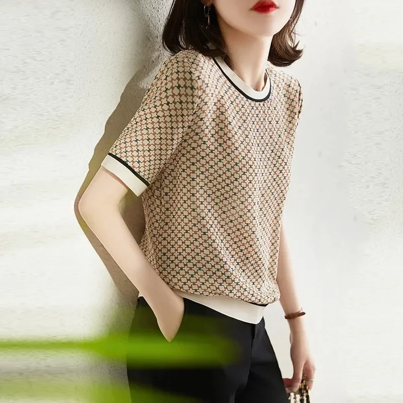 Summer Short Sleeve Women Shirt Vintage Square Plaid Printed Ice Silk Loose Blouse Ribbed Elegant Casual Women Blouses Top 18852