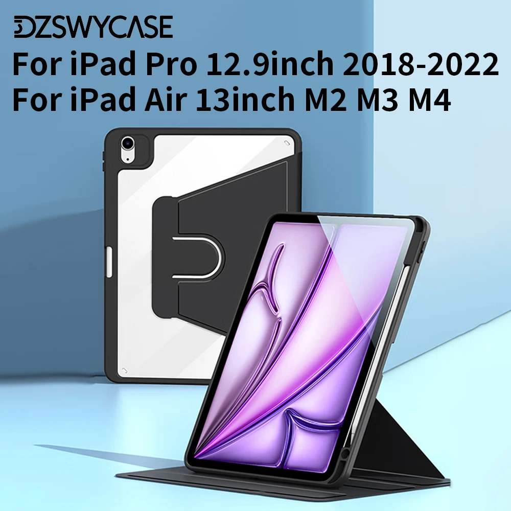 Clear Acrylic Case For iPad Air 13 M2 M3 M4, 360 Rotate Back Cover For iPad Pro 12.9 2018-2022, Built-in Pencil Holder Cover