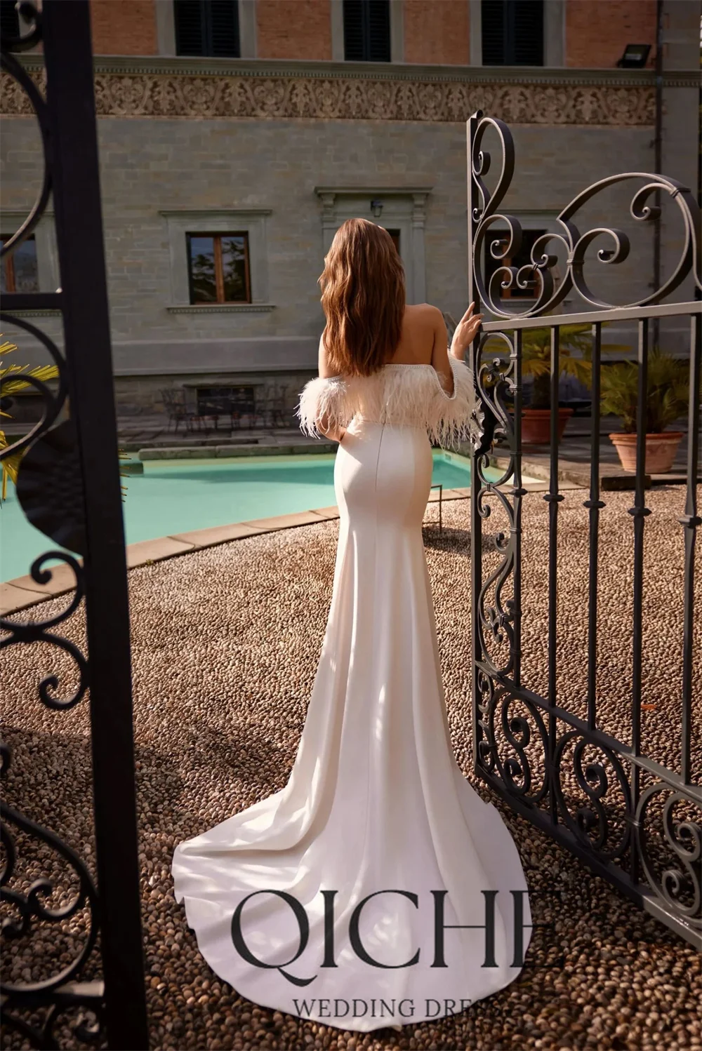 QICHE Modern Feathers Mermaid Wedding Dresses Women Off The Shoulder Strapless Slit Bridal Gowns Customized Vestidos De Novia
