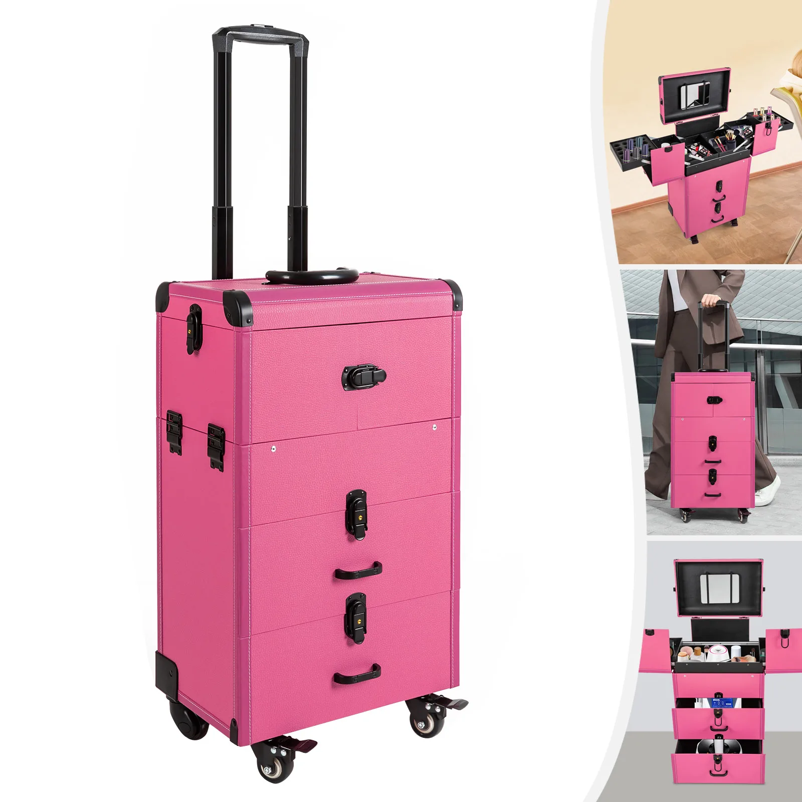 

Lockable Portable Makeup Storage Car Rolling Makeup Box - Rose Red