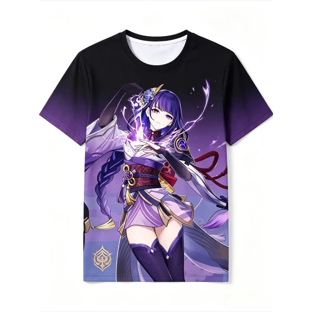 Anime Genshin Impact Raiden Shogun T Shirt Men Women Short Sleeve O-neck Tee, Game Character Print Casual Summer Tops