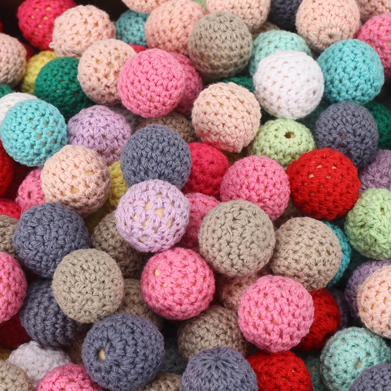 10Pcs 16Mm Mixed Colors Knitted Crochet Ball Round Wooden Spacer Loose Beads with Holes for Jewelry Making Findings Accessories