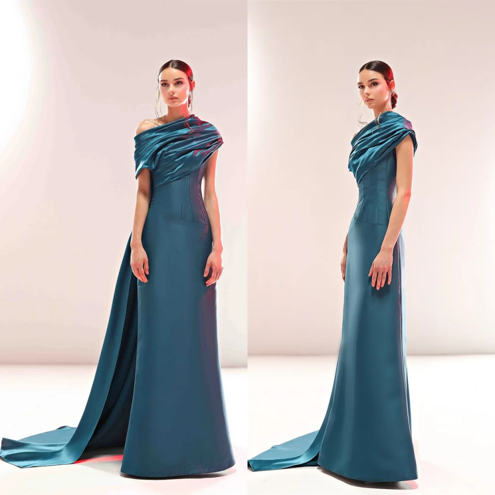 

Customized Delicate Blue Satin Evening Dress Exquisite Off The Shoulder Sleeveless Mermaid Zipper Back Bespoke Occasio