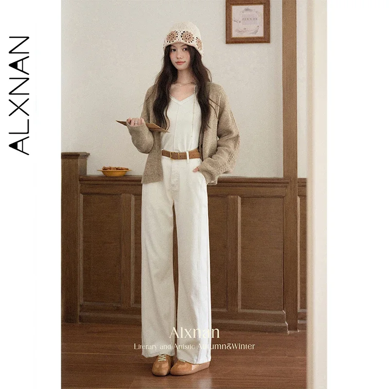 ALXNAN Women's White Jeans High-waist Wide-leg Straight Denim Pants Cotton 100% Autumn New Casual Office Lady Baggy Pants L56998