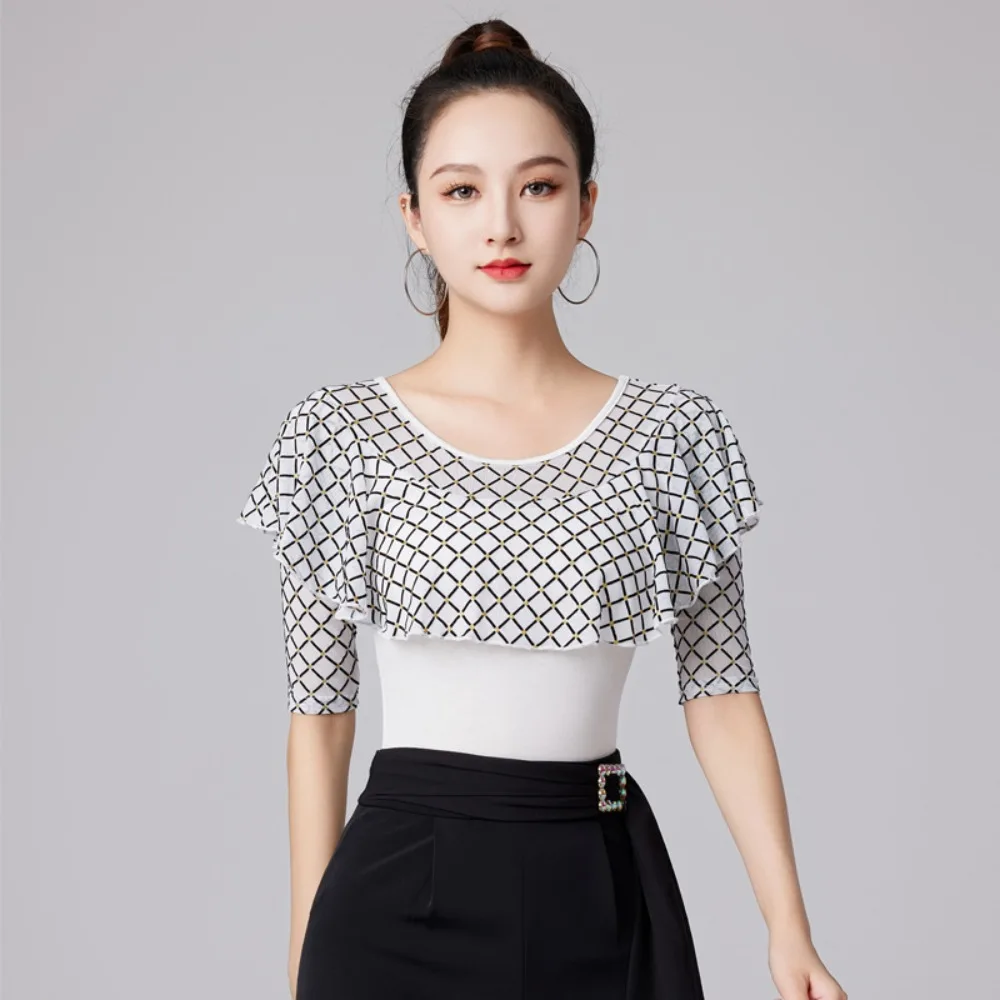 2025 Verão Novo! Top feminino de dança latina – gola redonda com babados, roupa de prática de valsa de manga 3/4 para o verão