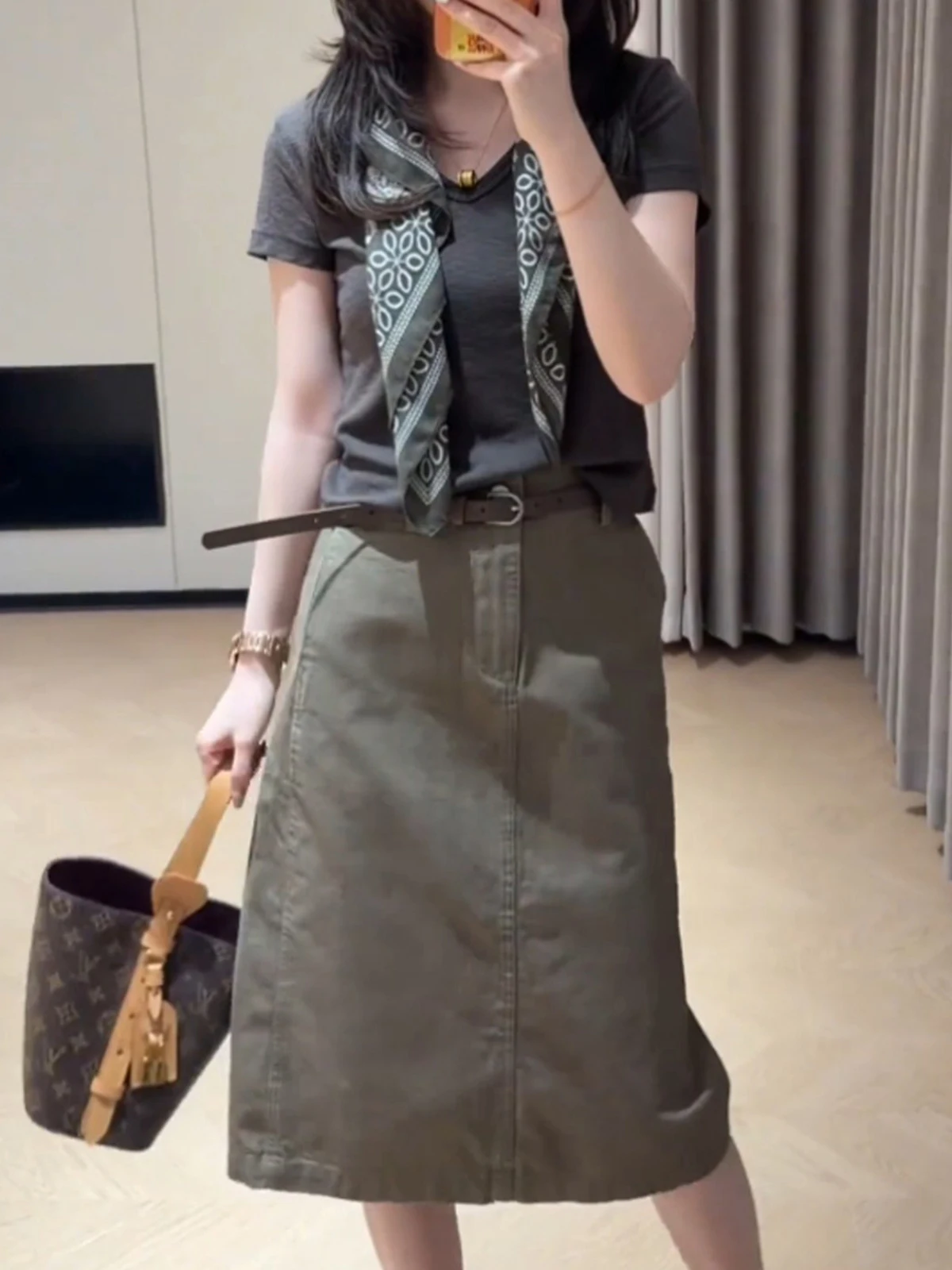 Khaki High Waist Casual Style Women's  Skirt Slimming Fashionable Versatile Age-Defying Spring Summer Seasonal Skirt