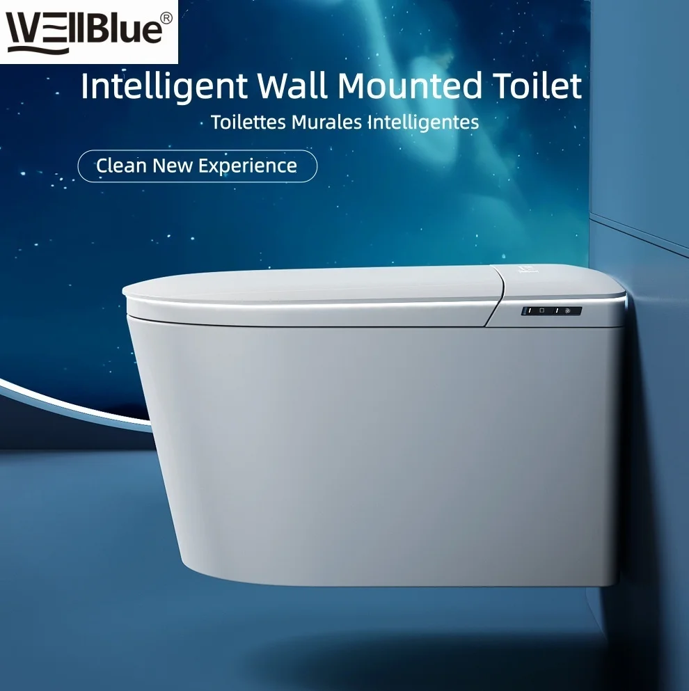 WC mural intelligent WELLBLUE avec télécommande, chauffage entièrement automatique, chasse d'eau par siphon et réservoir intégré