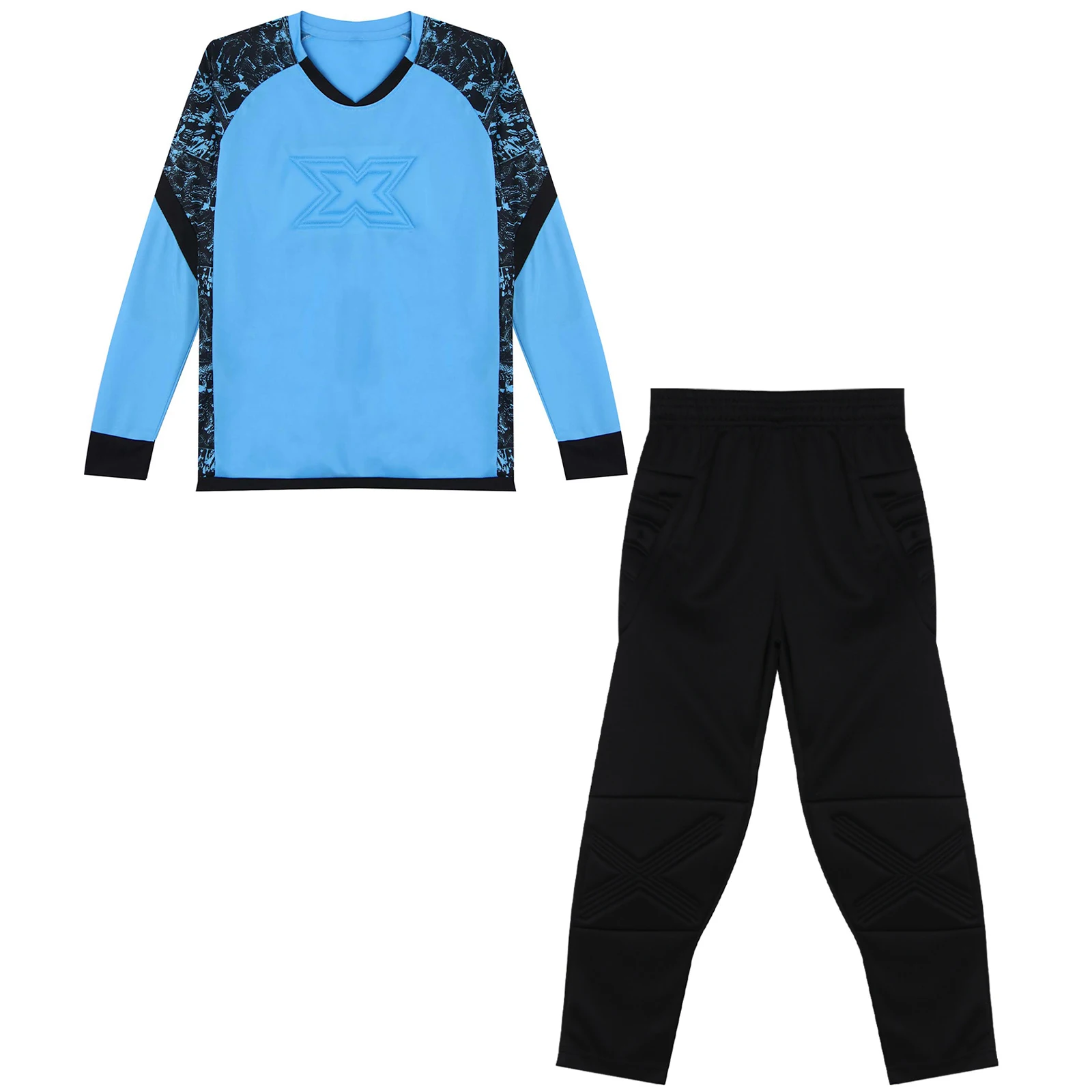 9-14Y Boys Soccer Goalkeeper Goalie Sport Suit Kids Football Training Match Uniform Long Sleeve Protective Padded T-shirt Pants