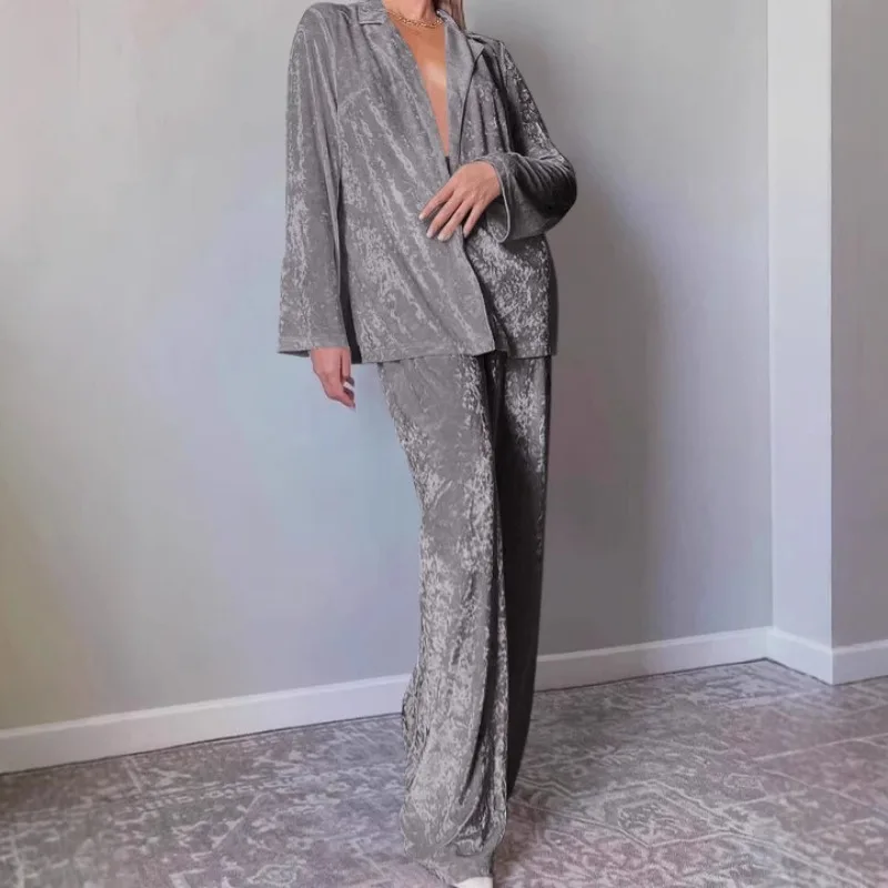 2026 New Spring Summer European American Women's Loungewear Set Soft Gold Diamond Fleece Long Sleeve Pajamas Trousers L Size