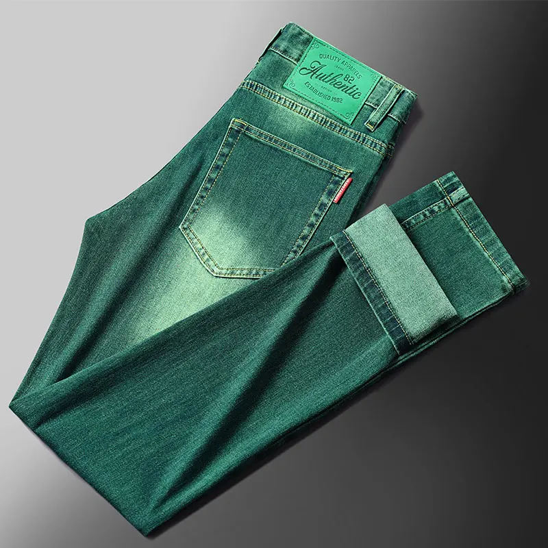 2024Summer emerald green jeans men's fashion simple high-end all-match stretch slim fit trendy casual nostalgic classic trousers