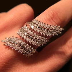 Huitan Olive Leaf Adjustable Opening Rings for Women Full Marquise Cubic Zirconia Multi-layered Sparkling Female Wedding Jewelry
