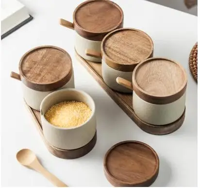 

Европейская кухонная бутылка для хранения специй и перца, круглая керамическая банка для приправ с деревянной крышкой, соль, инструменты, фарфор